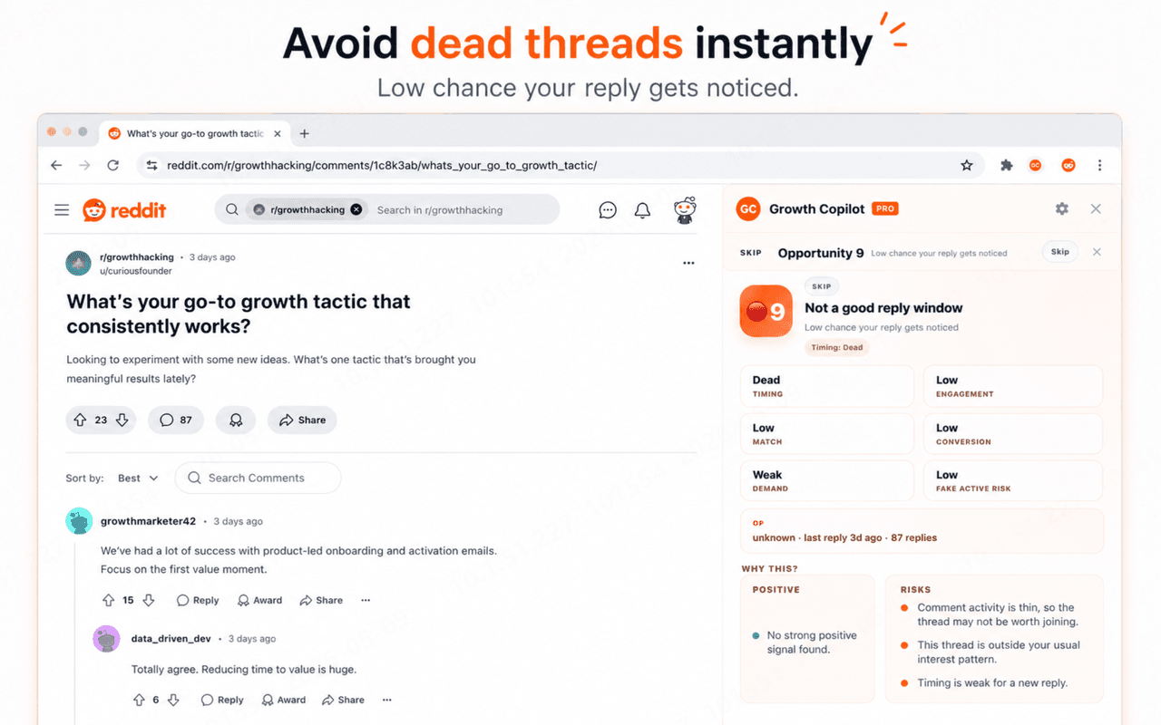Reddit Growth Copilot Chrome extension showing thread opportunity score