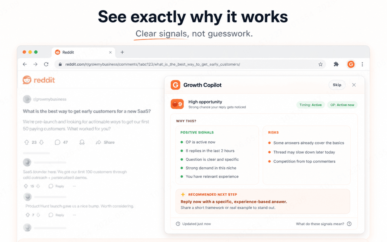 Reddit Growth Copilot OP activity and reply timing panel